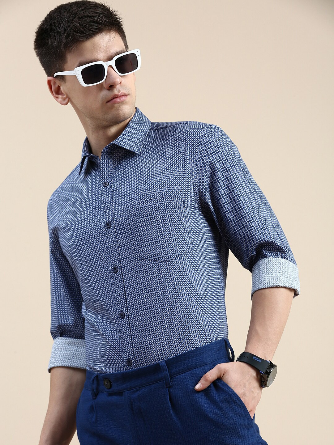 

INVICTUS Micro Ditsy Printed Comfort Slim Fit Formal Cotton Shirt, Blue