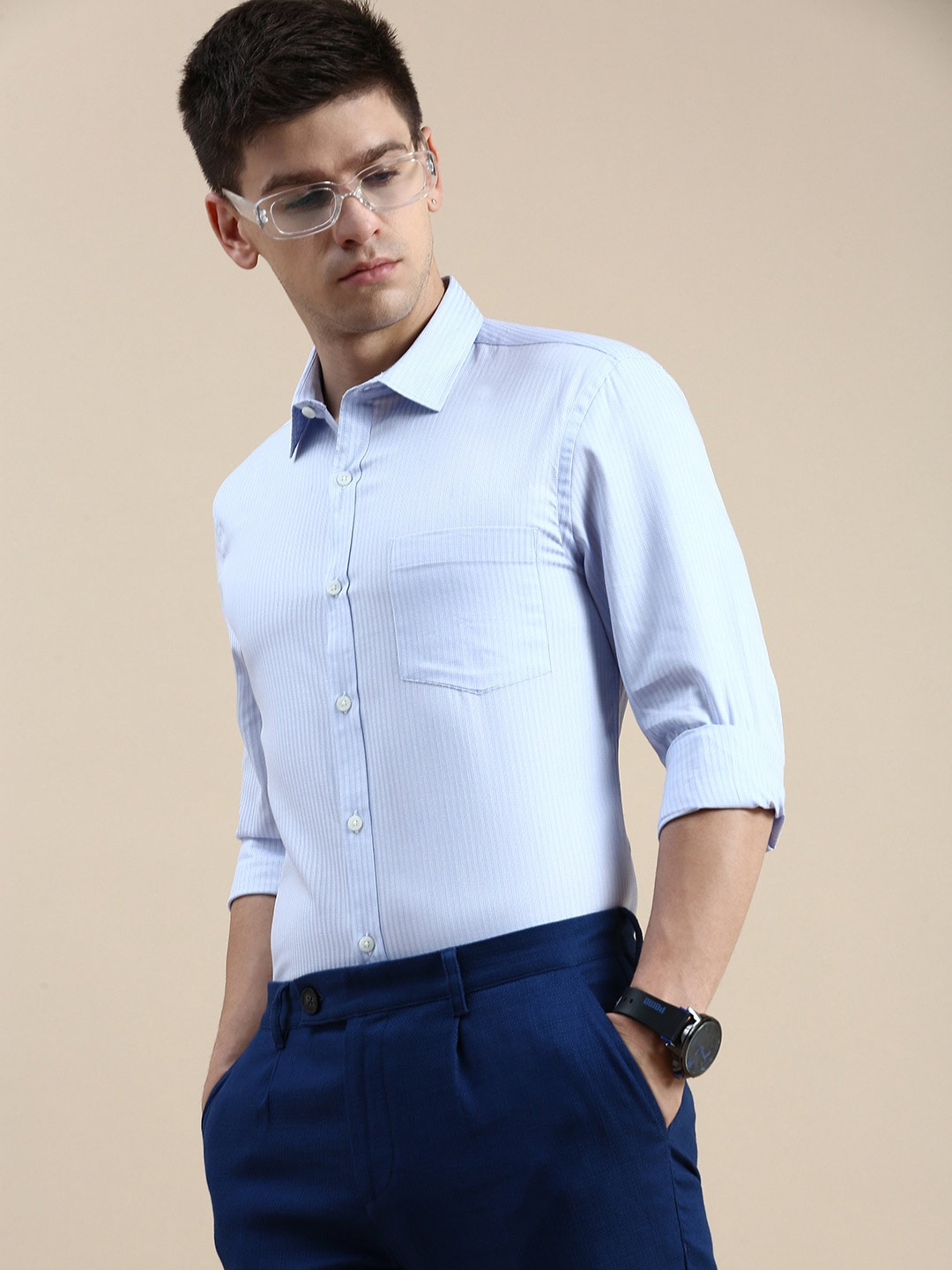 

INVICTUS Textured Self Design Comfort Slim Fit Formal Cotton Shirt, Blue