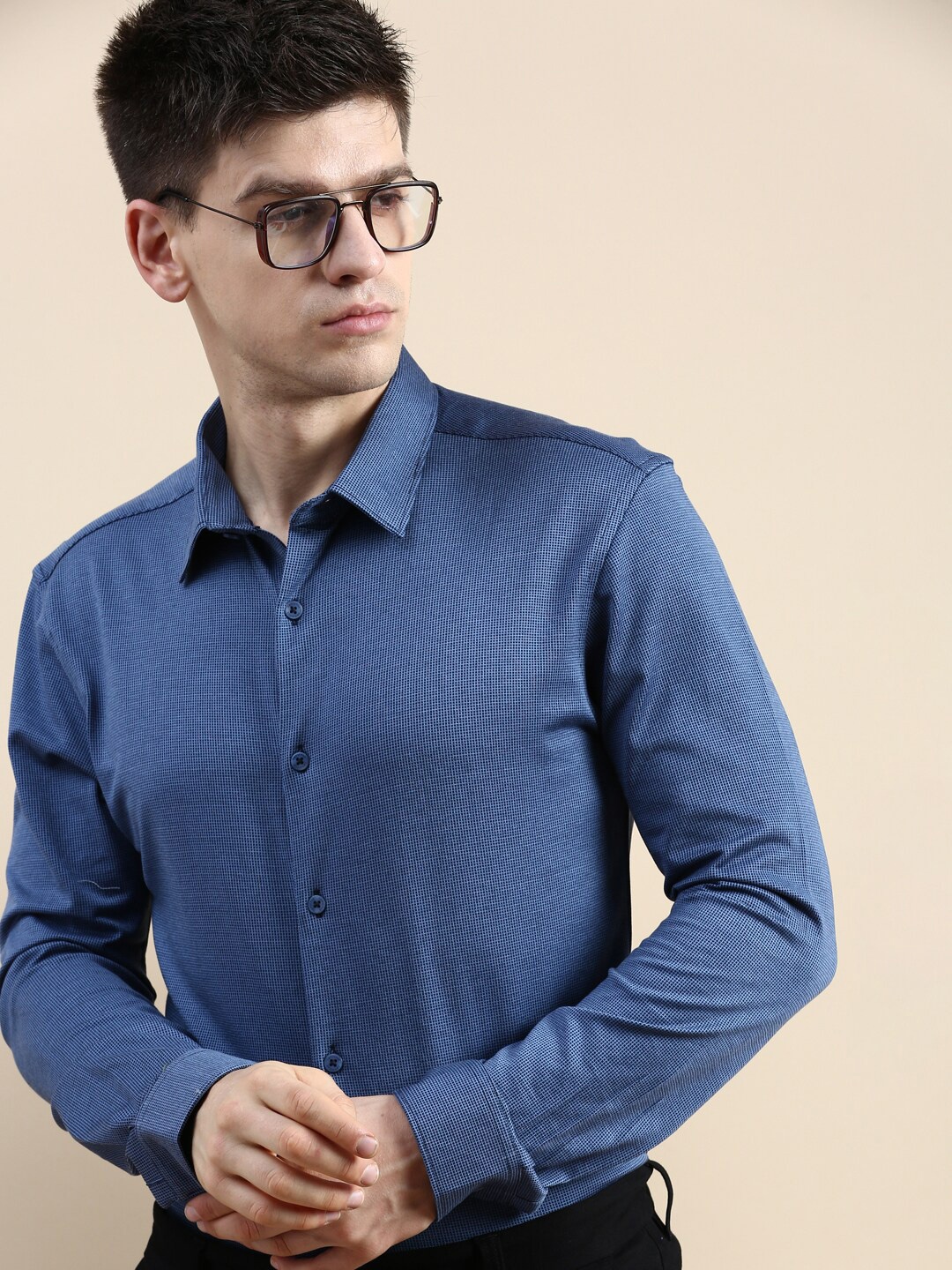 

INVICTUS Micro Ditsy Printed Comfort Slim Fit Knit Formal Cotton Shirt, Blue