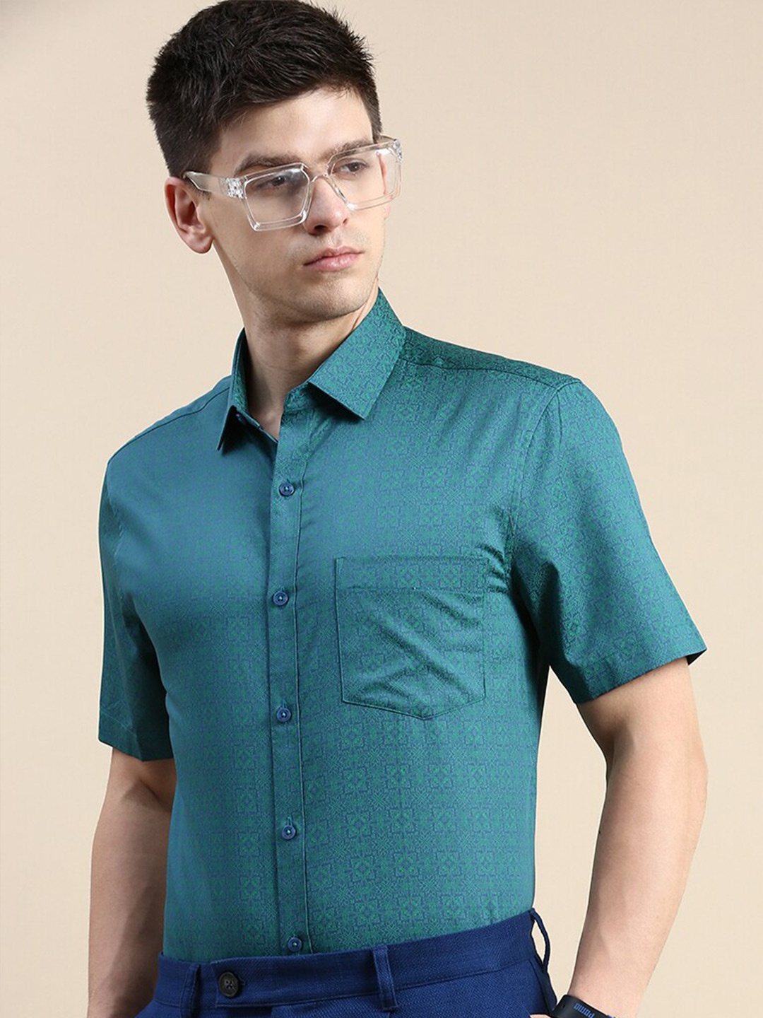 

INVICTUS Comfort Slim Fit Ethnic Printed Formal Shirt, Teal