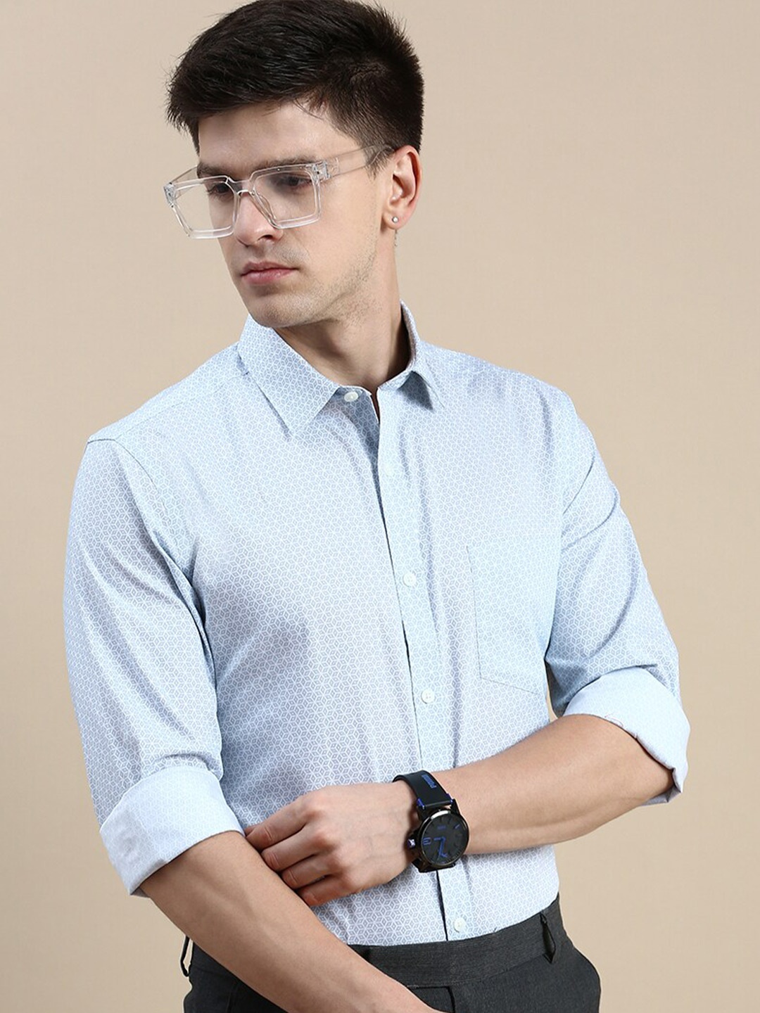 INVICTUS Comfort Slim Fit Geometric Printed Formal Shirt, Grey