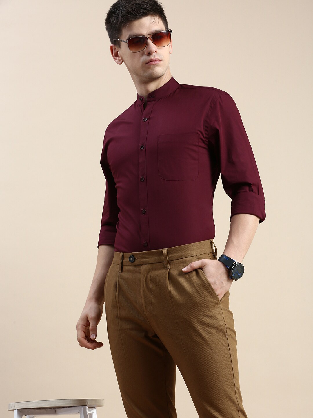 INVICTUS Band Collar Comfort Slim Fit Formal Shirt, Burgundy