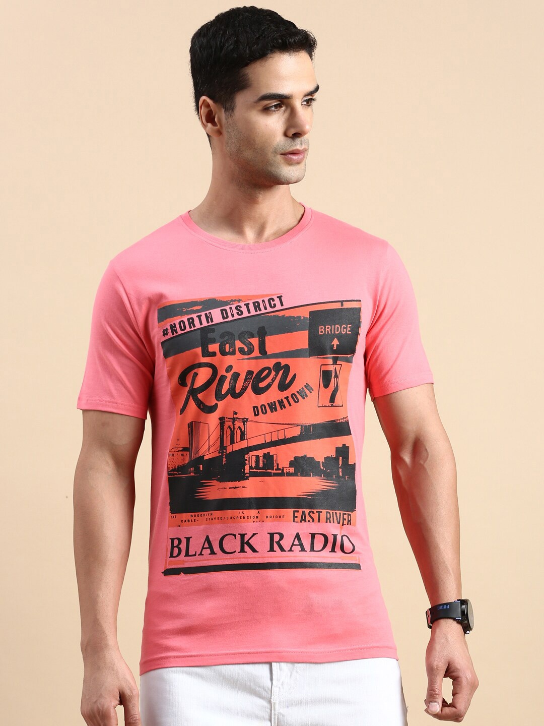 

BLACK RADIO Men Typography Printed Pure Cotton T-shirt, Pink