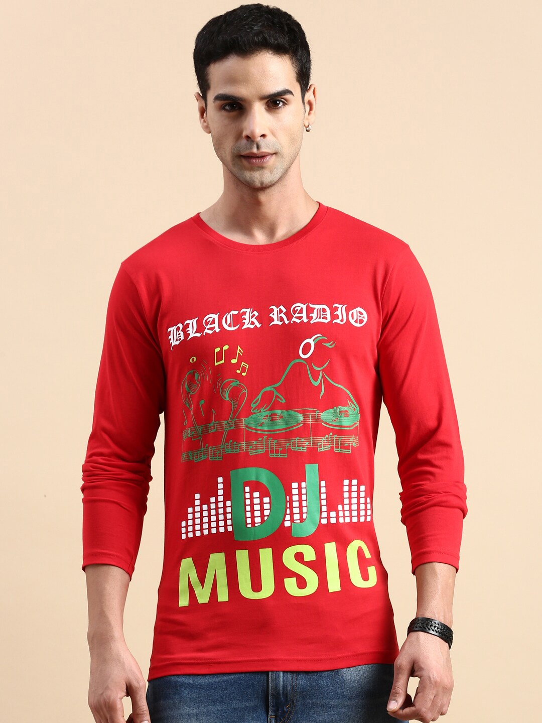 

BLACK RADIO Typography Printed Cotton T-shirt, Red
