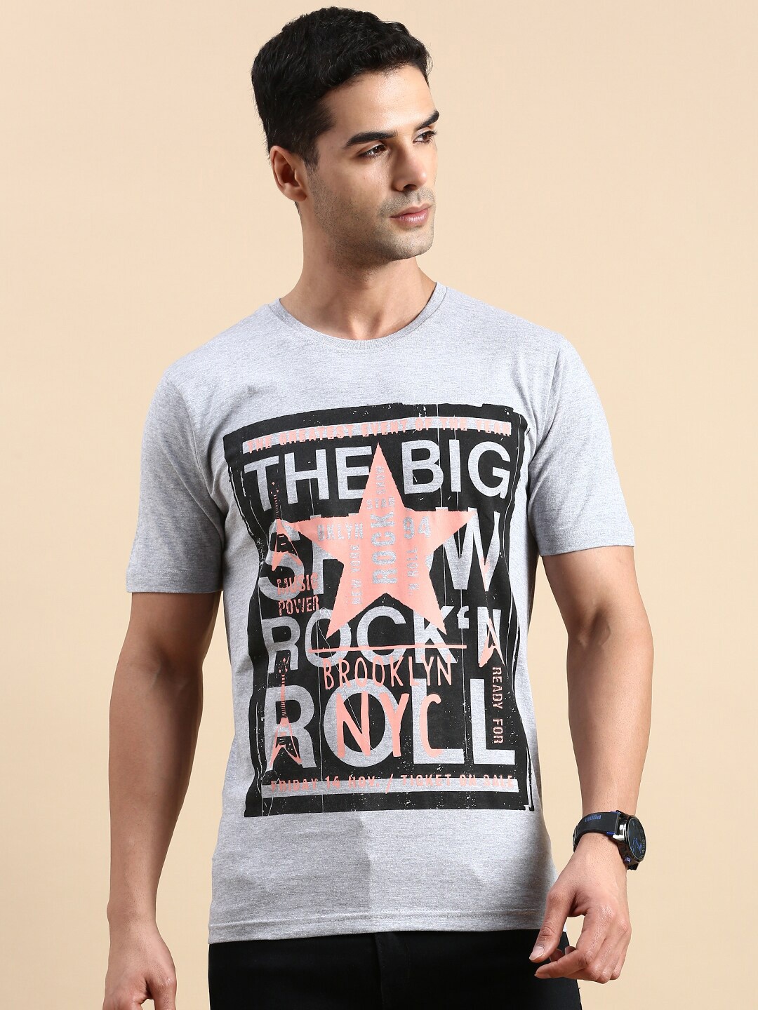 

BLACK RADIO Men Typography Printed Pure Cotton T-shirt, Grey melange