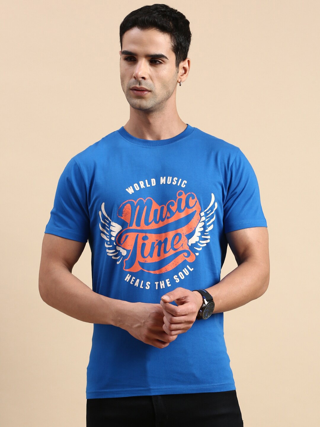 

BLACK RADIO Typography Printed Pure Cotton T-shirt, Blue