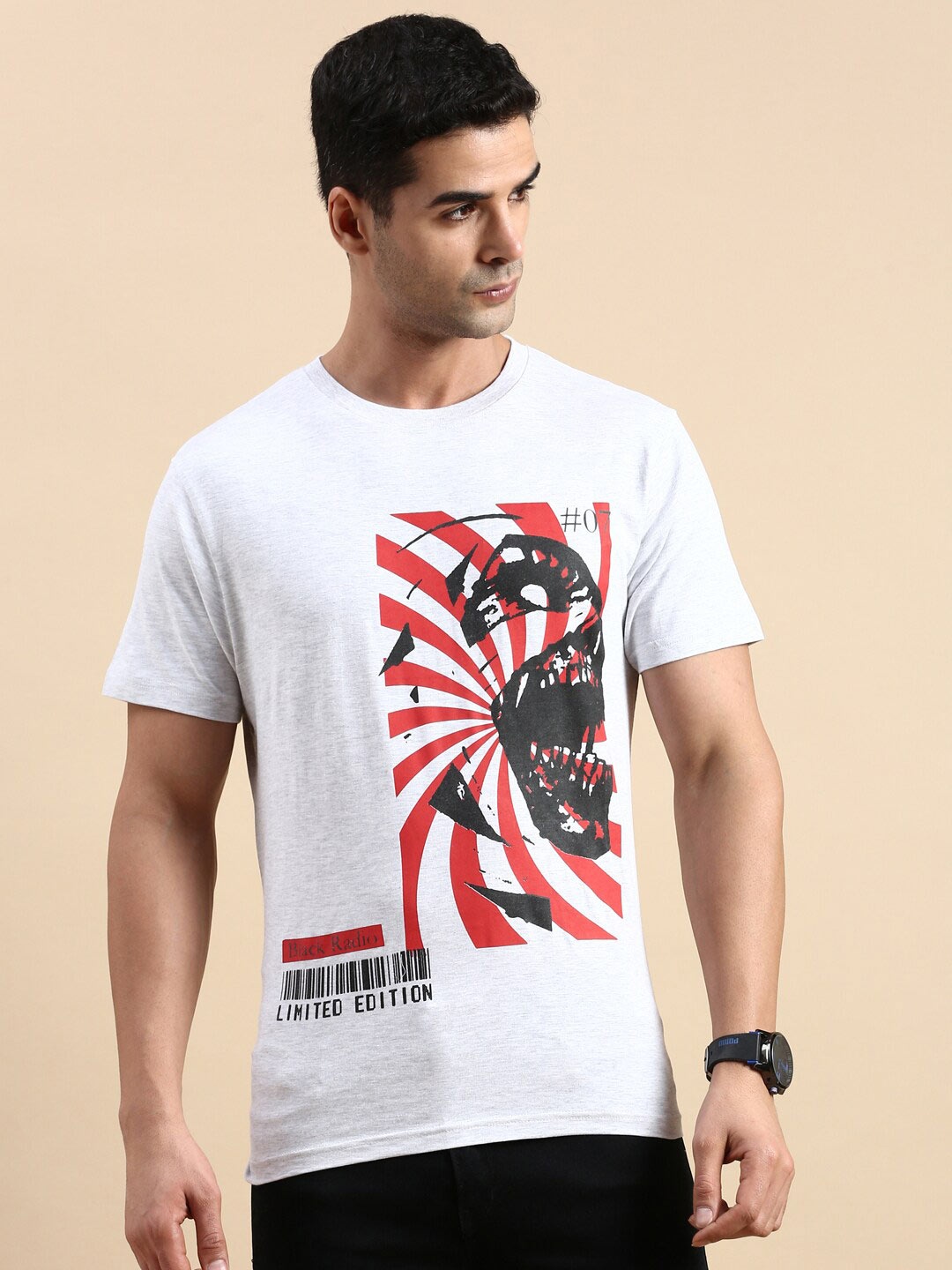 

BLACK RADIO Men Printed Pure Cotton T-shirt, Grey melange