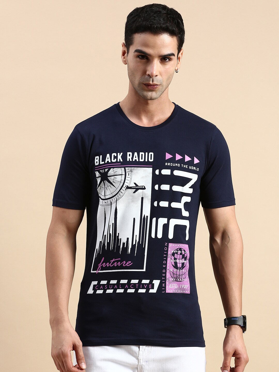 

BLACK RADIO Men Printed Pure Cotton T-shirt, Navy blue