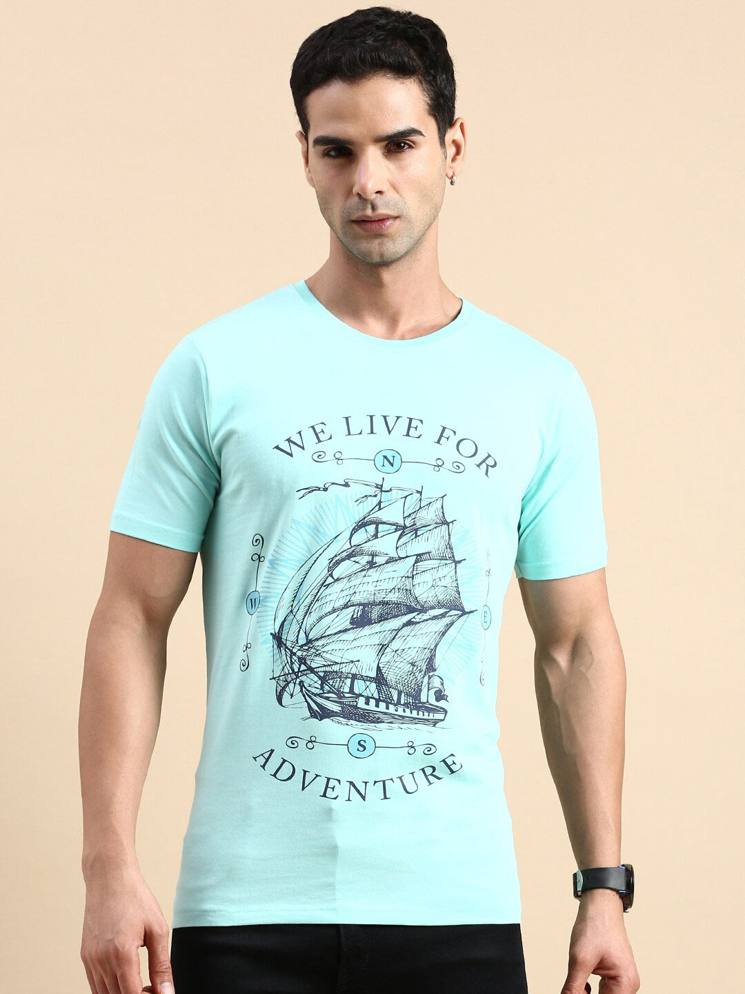 

BLACK RADIO Typography Printed Pure Cotton T-shirt, Turquoise blue