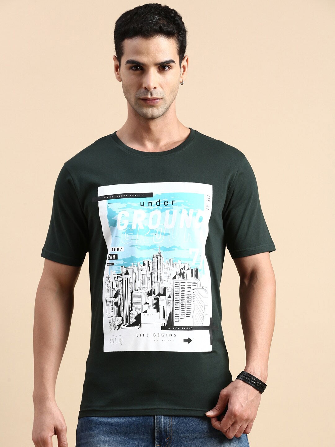 

BLACK RADIO Graphic Printed Pure Cotton T-shirt, Green