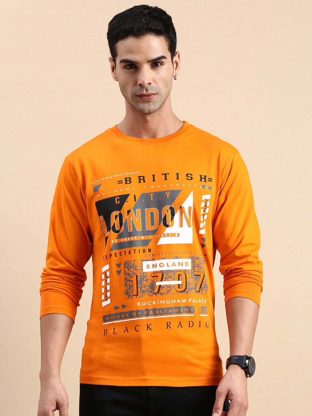 

BLACK RADIO Men Typography Printed Pure Cotton T-shirt, Orange