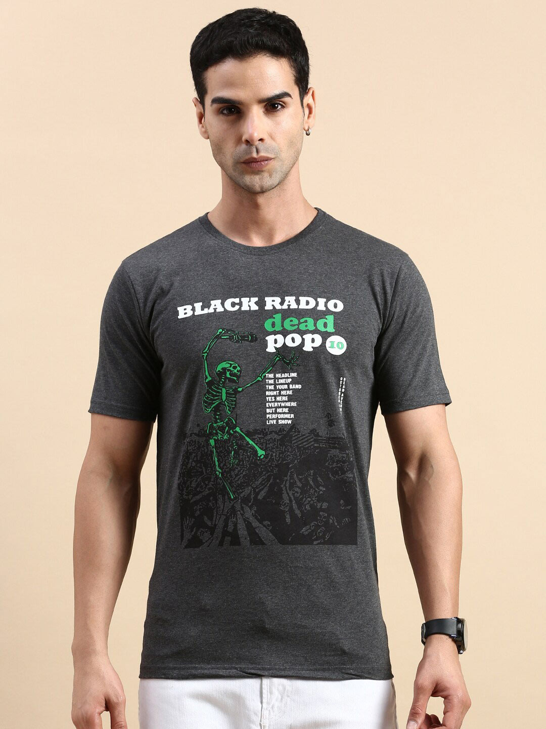 

BLACK RADIO Men Typography Printed Pure Cotton T-shirt, Charcoal
