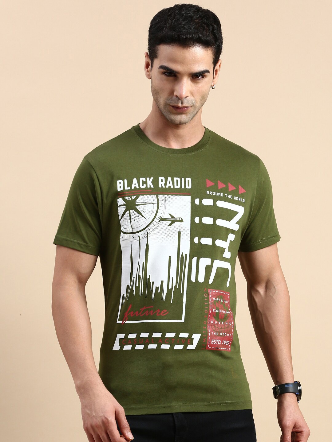 

BLACK RADIO Men Typography Printed Pure Cotton T-shirt, Olive