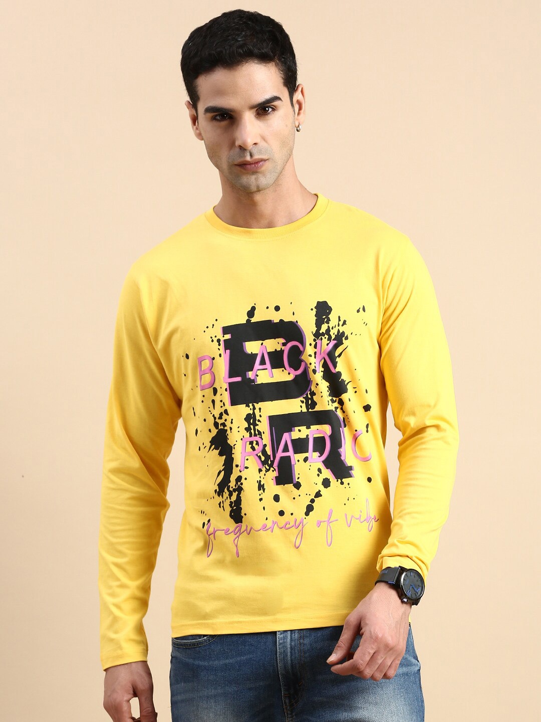 

BLACK RADIO Typography Printed Pure Cotton T-shirt, Yellow