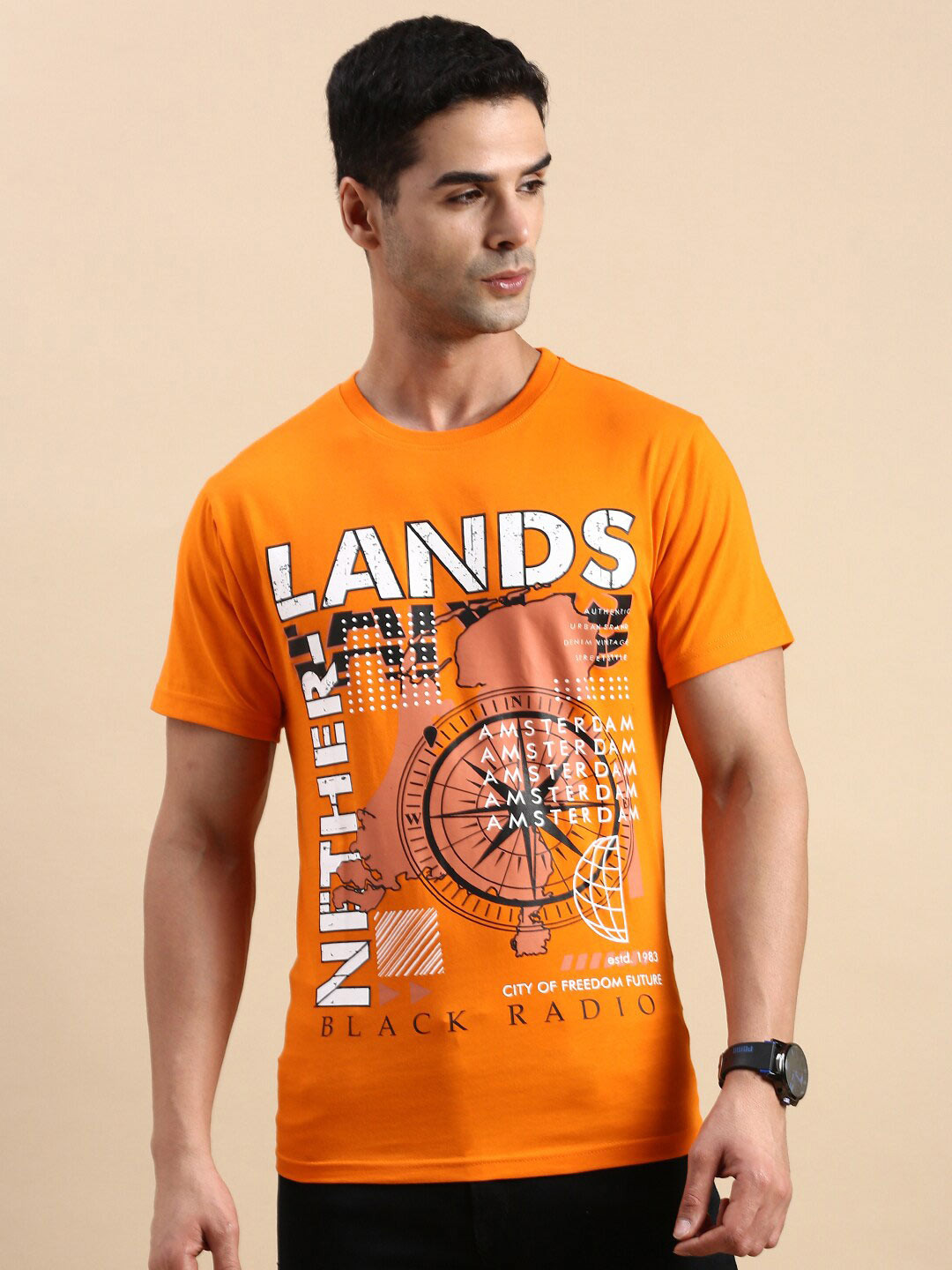 

BLACK RADIO Men Typography Printed Pure Cotton T-shirt, Orange