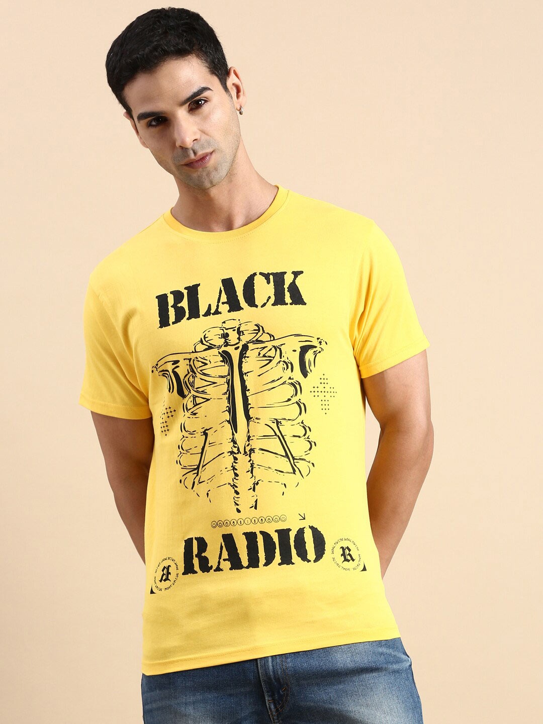 

BLACK RADIO Typography Printed Pure Cotton T-shirt, Yellow
