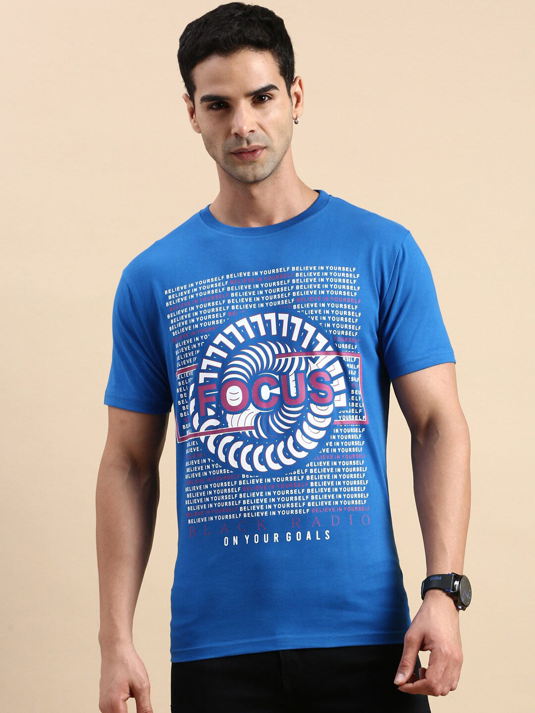 

BLACK RADIO Typography Printed Cotton T-shirt, Blue