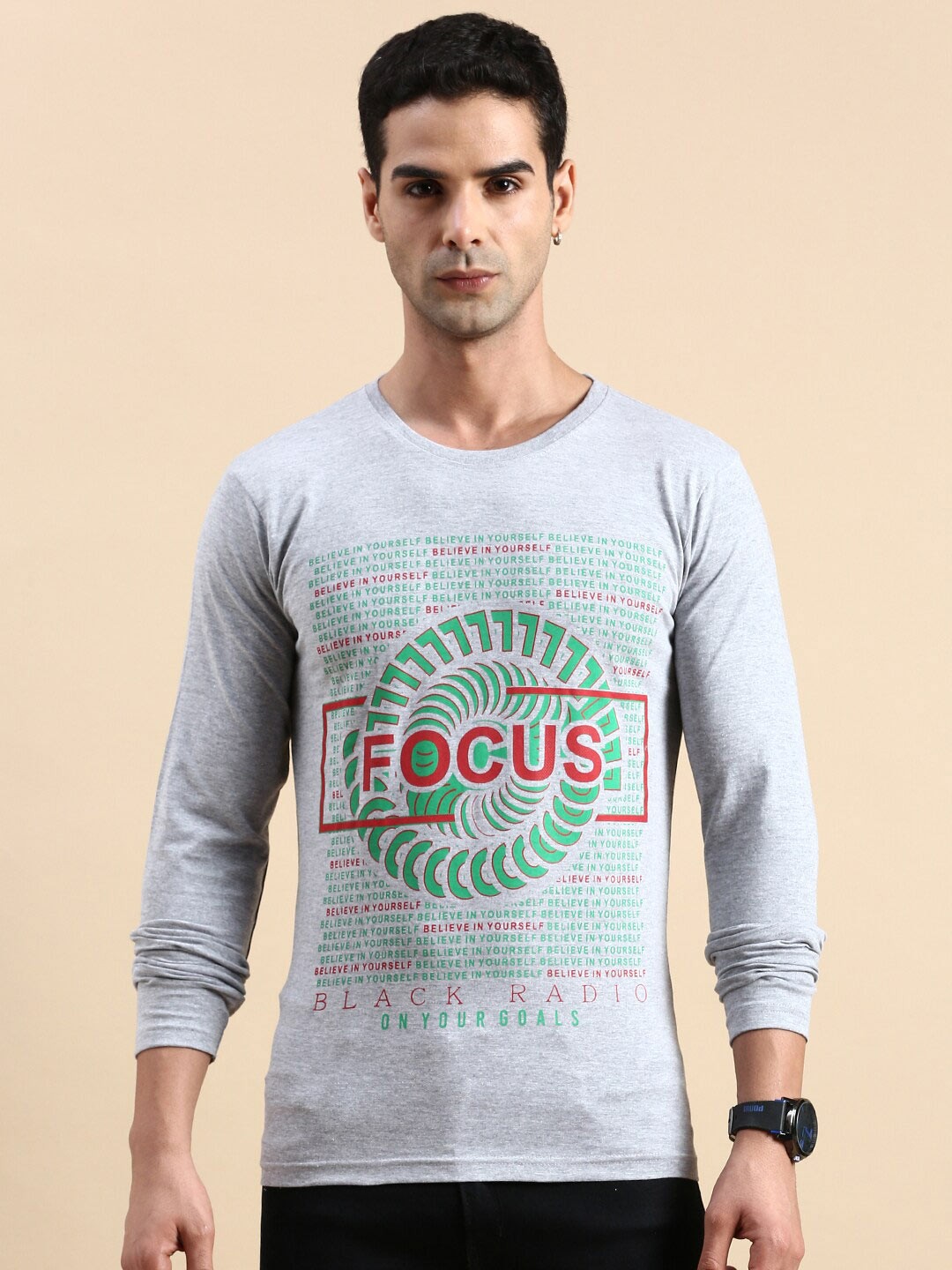 

BLACK RADIO Men Typography Printed Pure Cotton T-shirt, Grey melange