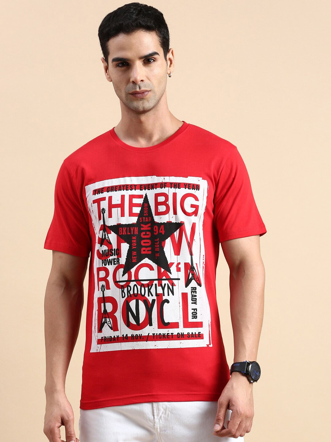

BLACK RADIO Typography Printed Pure Cotton T-shirt, Red