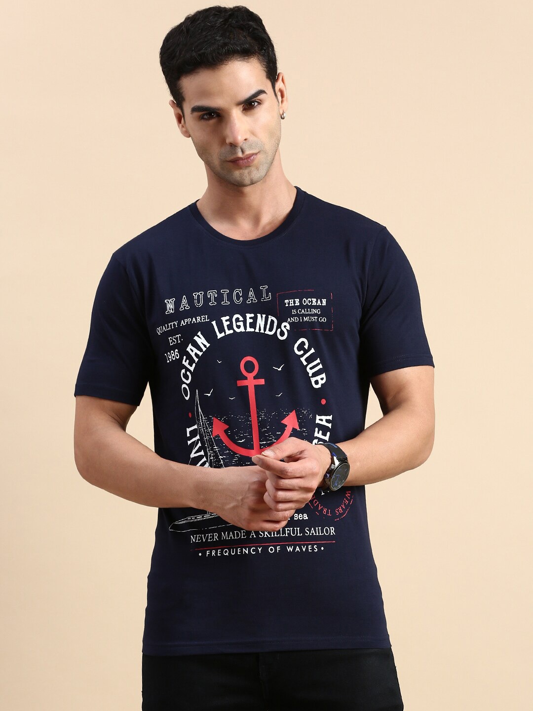 

BLACK RADIO Men Typography Printed Pure Cotton T-shirt, Navy blue