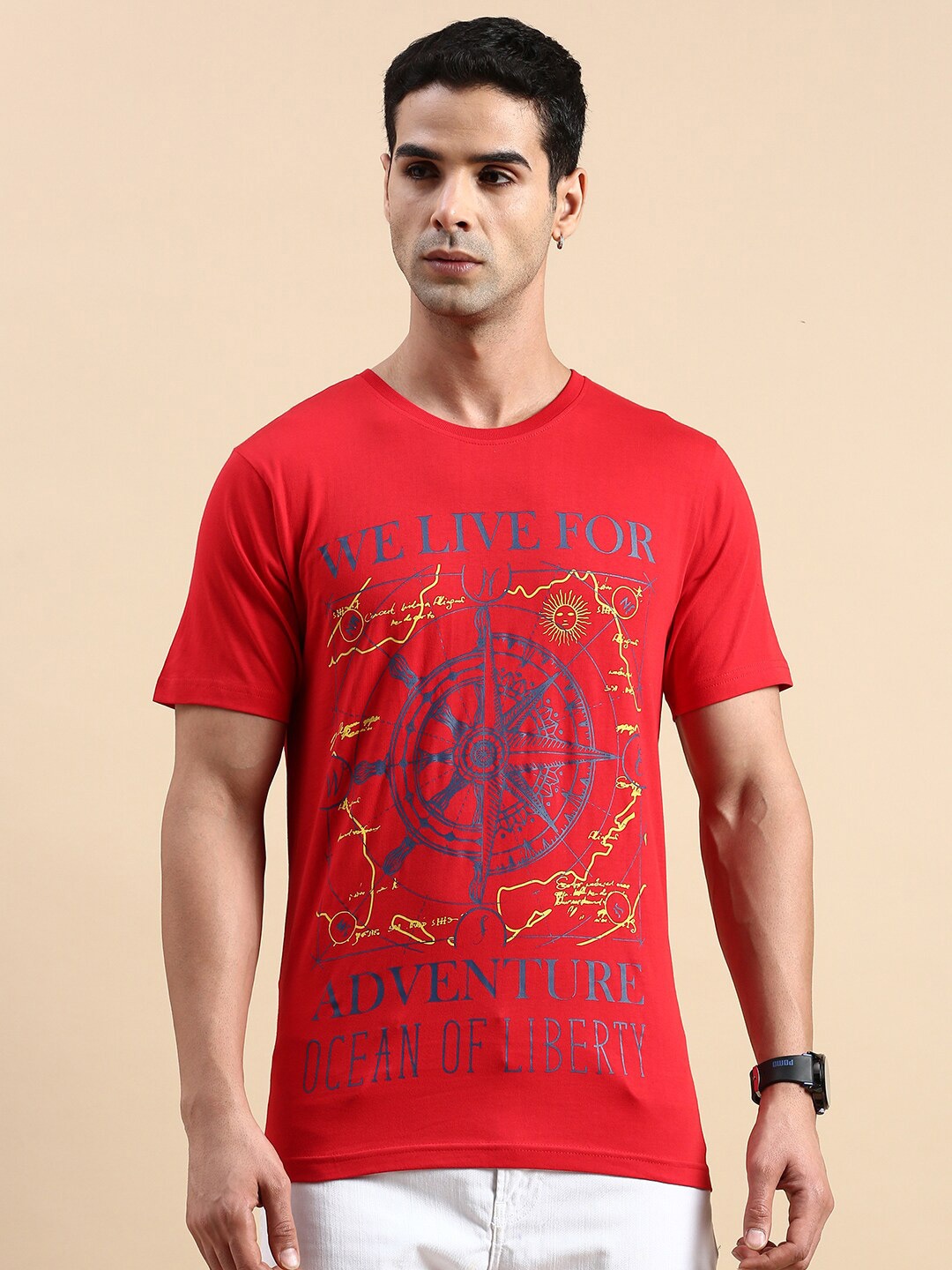 

BLACK RADIO Men Typography Printed Pure Cotton T-shirt, Red