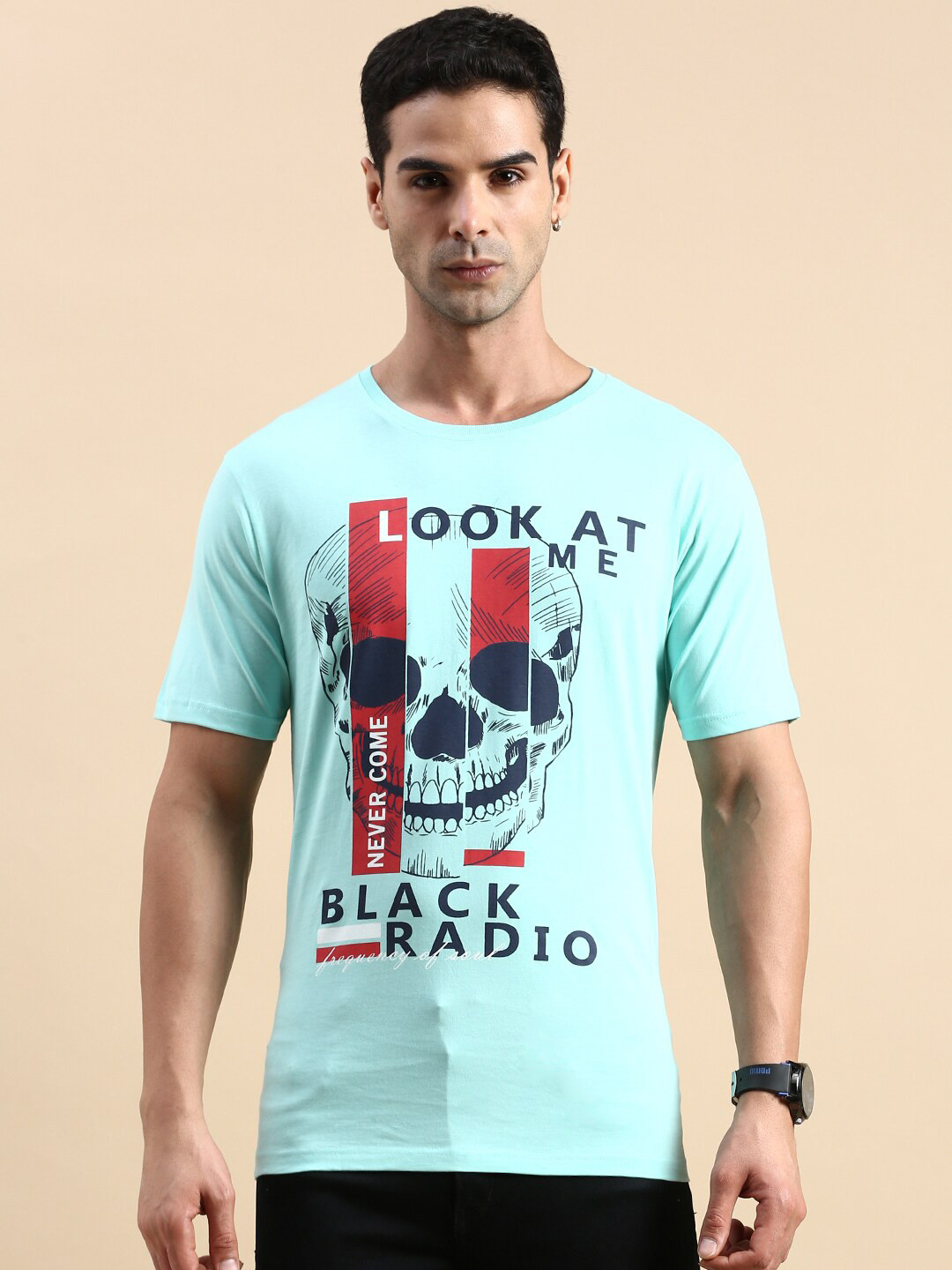 

BLACK RADIO Graphic Printed Pure Cotton T-shirt, Turquoise blue