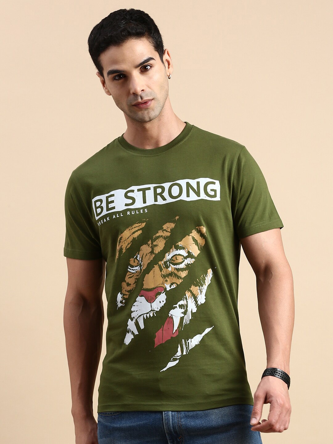 

BLACK RADIO Men Typography Printed Pure Cotton T-shirt, Olive
