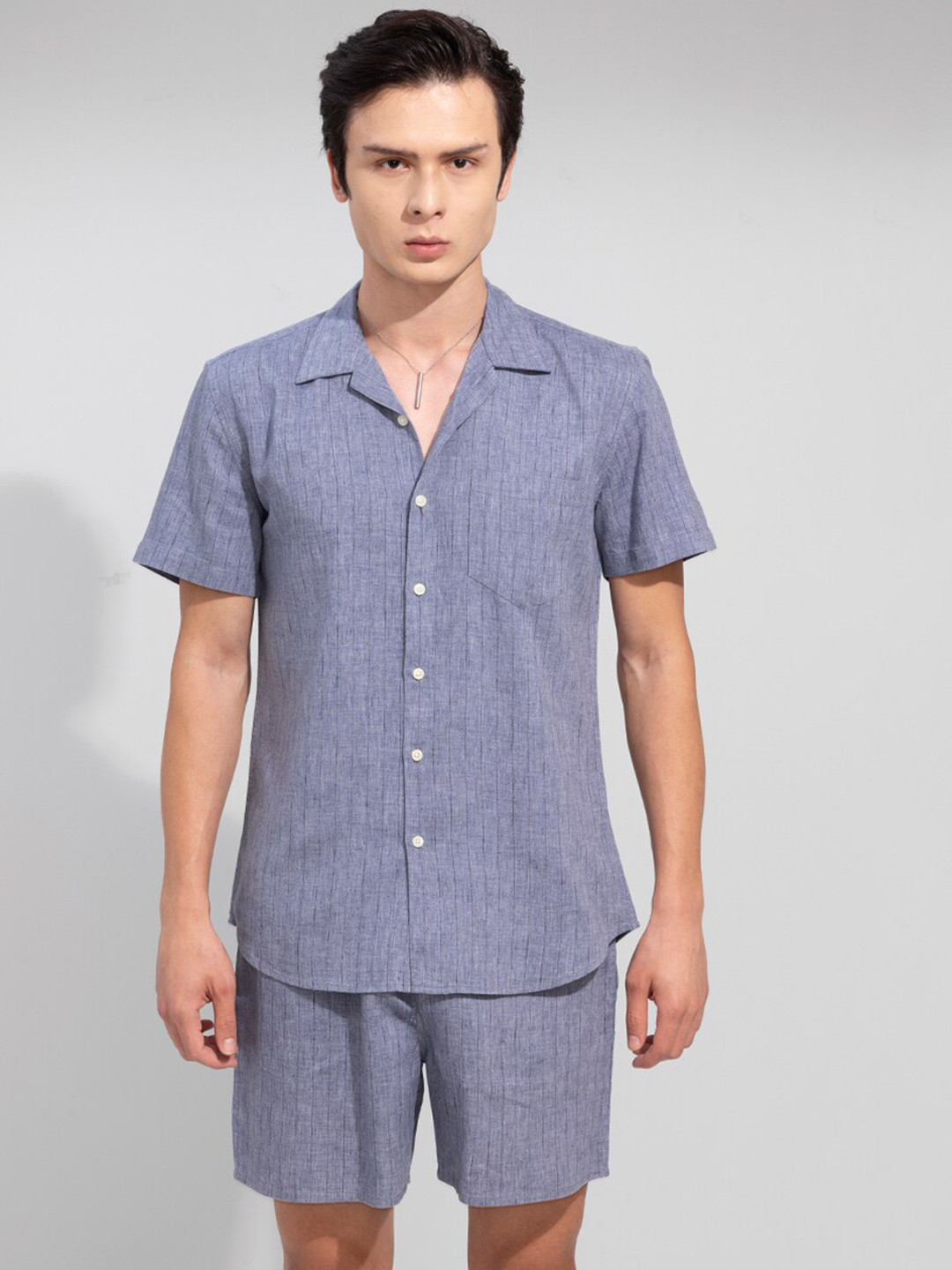 

Snitch Linen Striped Shirt & Shorts Night Suit, Blue