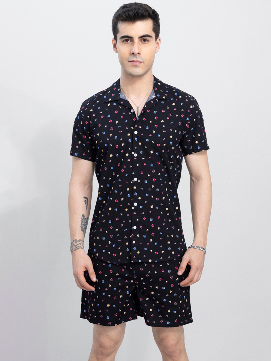 

Snitch Black Geometric Printed Pure Cotton Shirt & Shorts