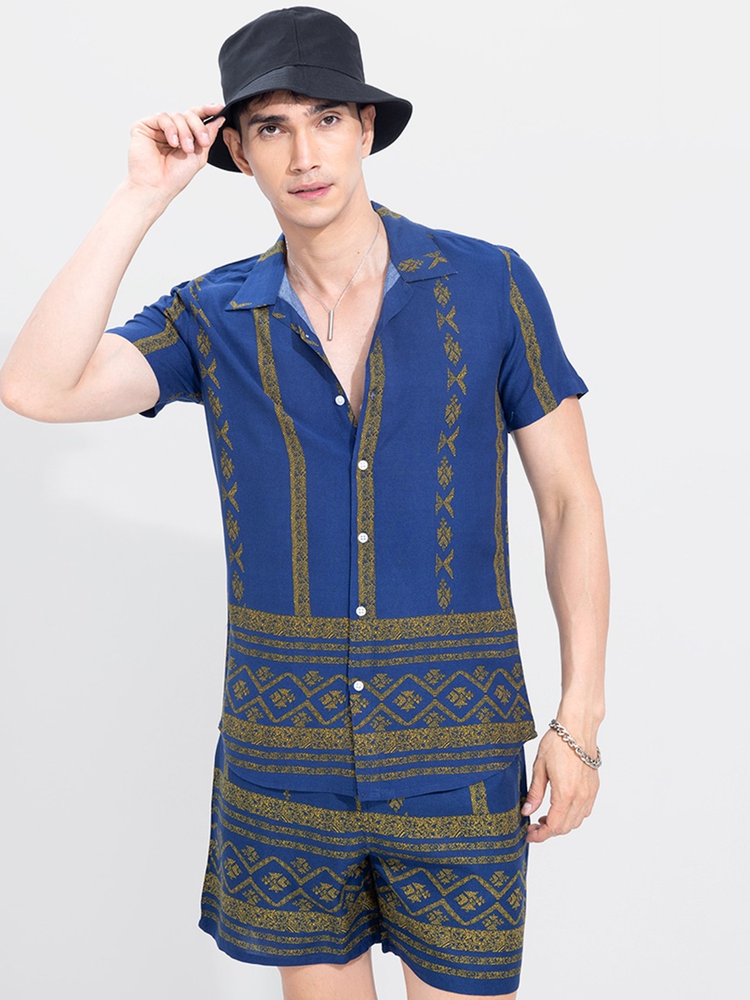 

Snitch Nomadic Printed Shirt with Shorts, Navy blue