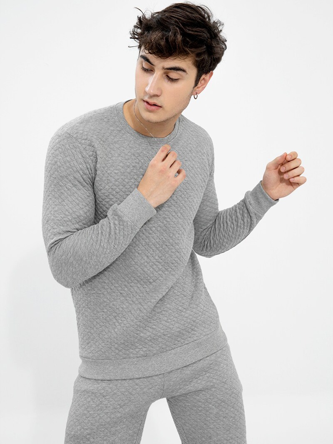 

Snitch Grey Self Design Pure Cotton Sweatshirt & Shorts