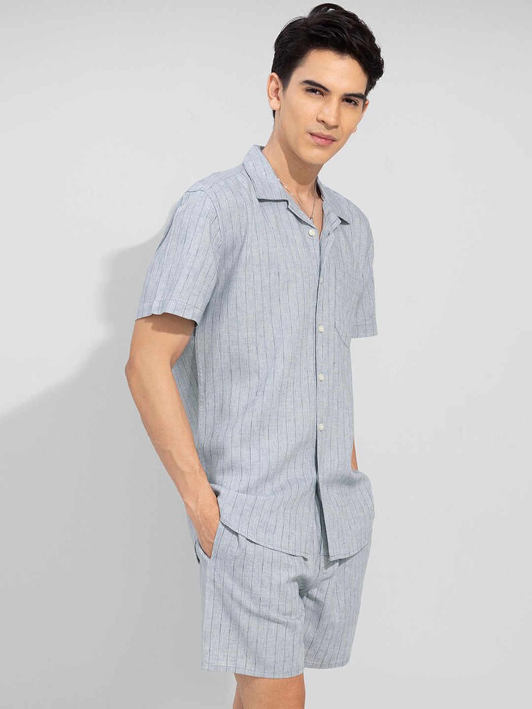 

Snitch Linen Striped Shirt & Shorts, Grey