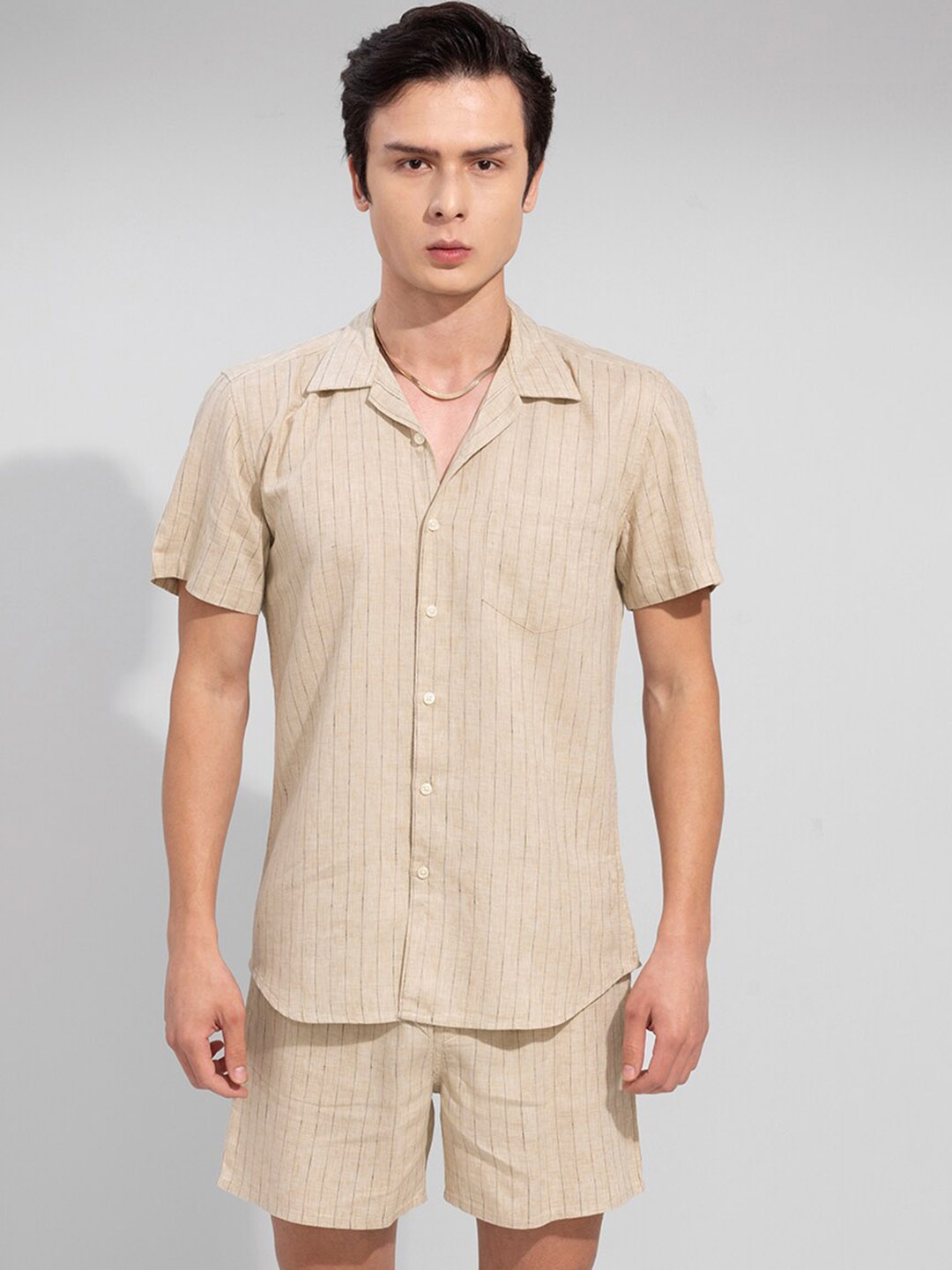 

Snitch Beige & Black Striped Shirt With Shorts Night suit