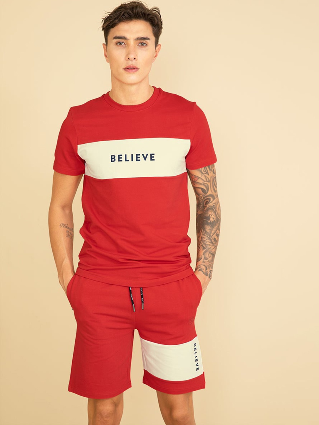 

Snitch Red Colourblocked Pure Cotton T-Shirt & Shorts Co-Ords
