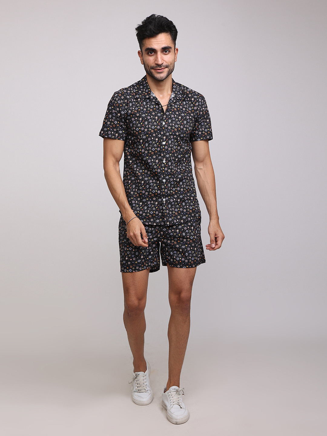 

Snitch Men Navy Blue & Orange Conversational Printed Pure Cotton Co-Ords
