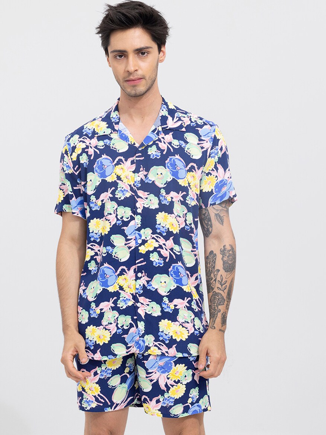 

Snitch Pure Cotton Floral Shirt & Shorts, Blue