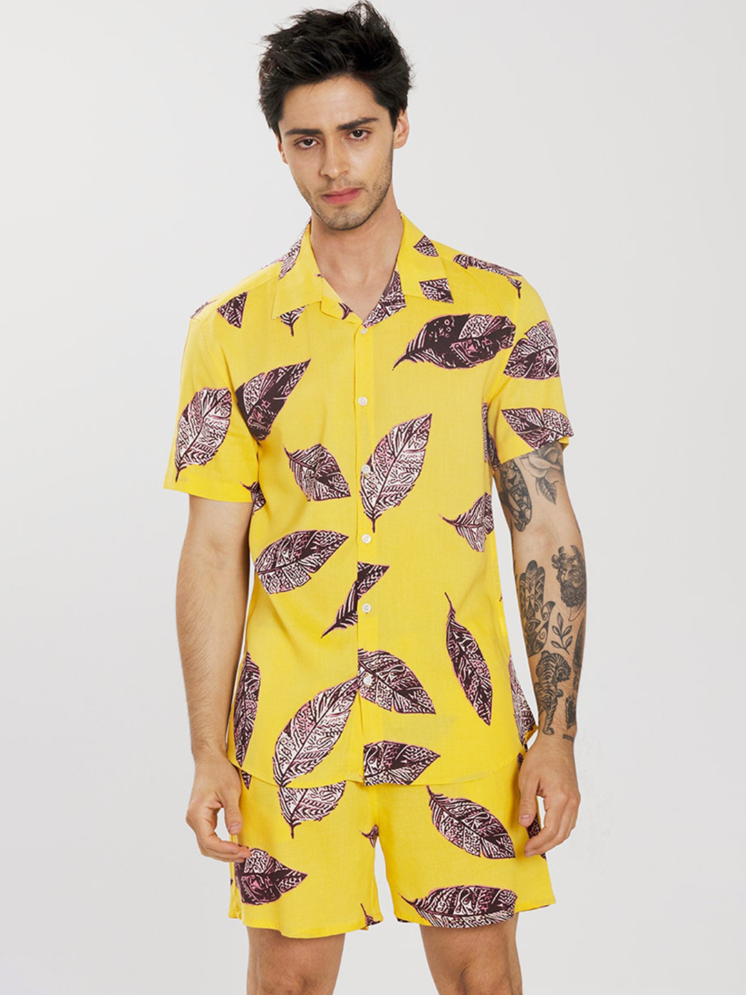 

Snitch Yellow & Brown Printed Pure Cotton Shirt With Shorts