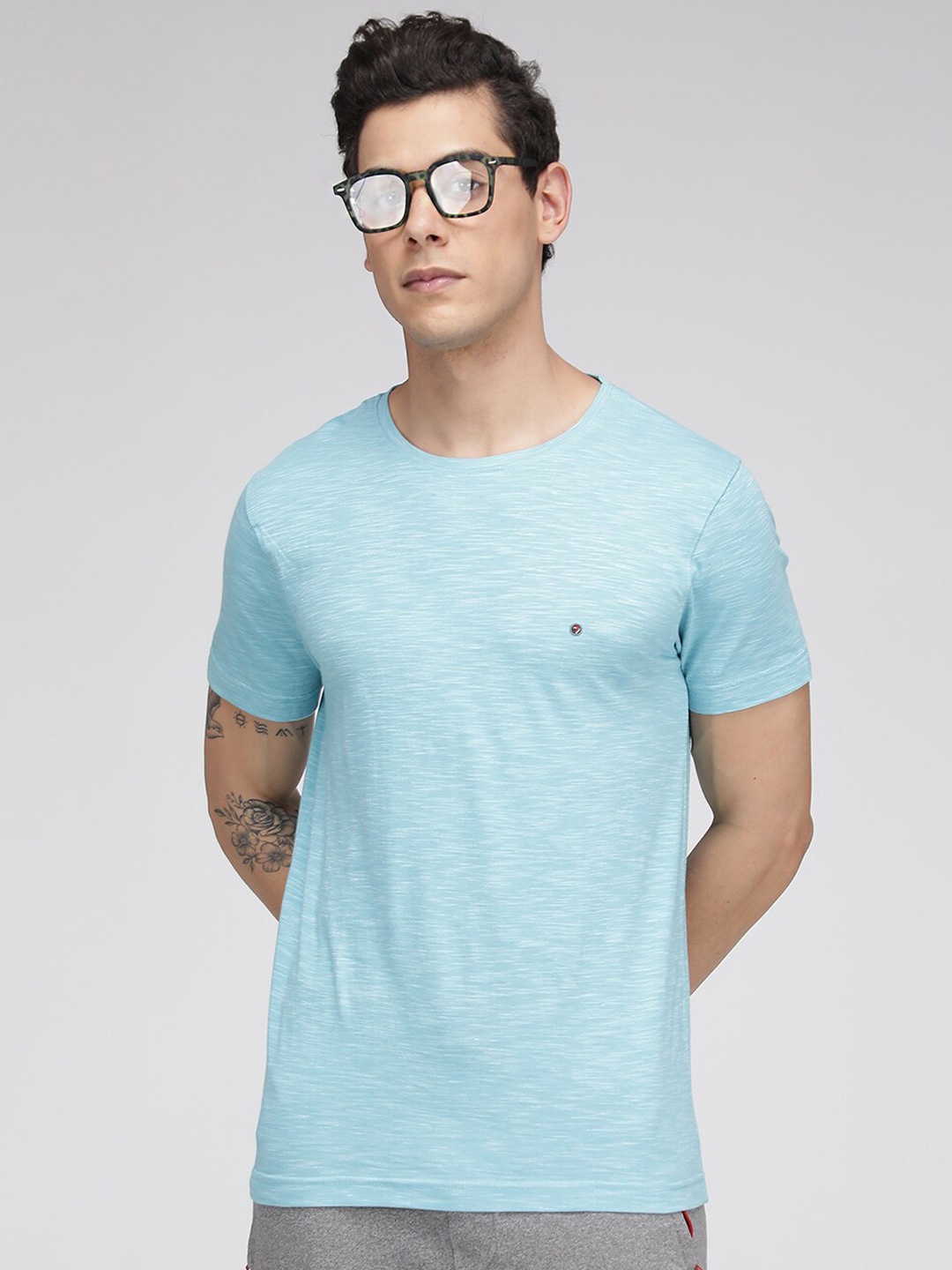 

SPORTO Self Deisgn Round Neck Casual T-Shirt, Blue