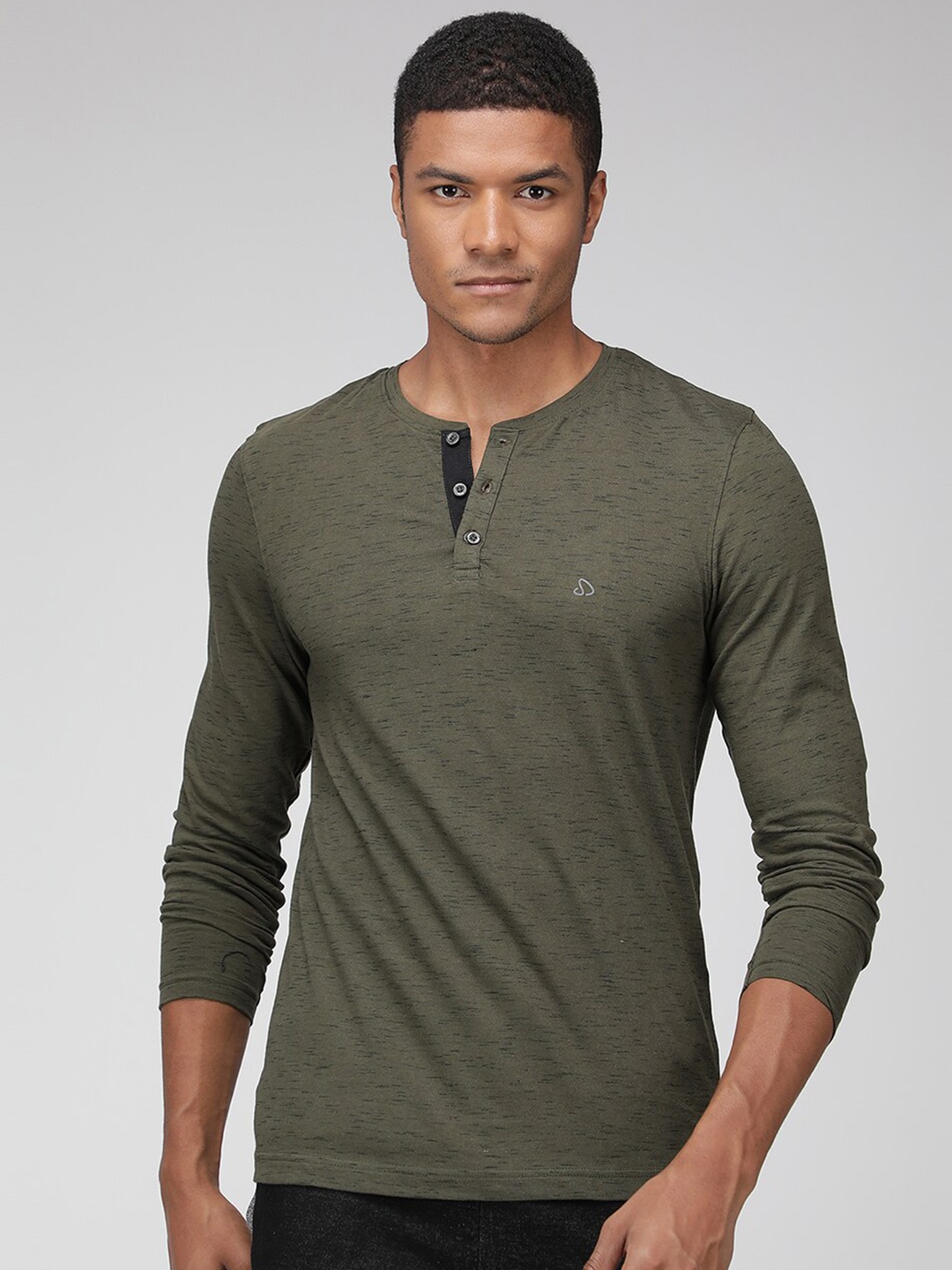 

SPORTO Self Deisgn Henley Neck Casual T-Shirt, Olive