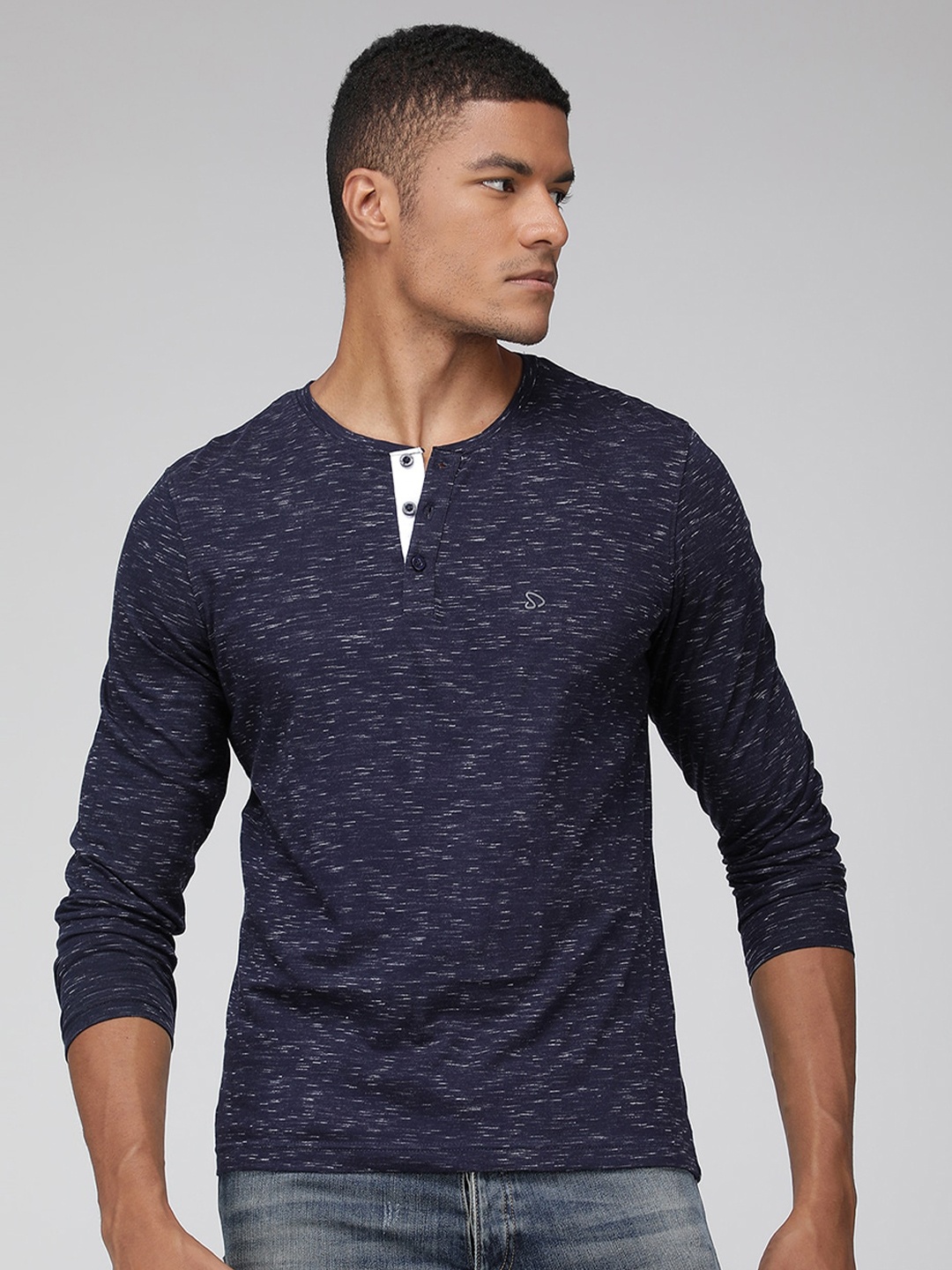 

SPORTO Self Deisgn Henley Neck Casual T-Shirt, Navy blue
