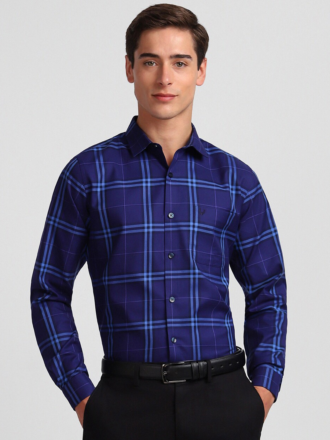 

Allen Solly Slim Fit Grid Tattersall Checked Pure Cotton Formal Shirt, Blue