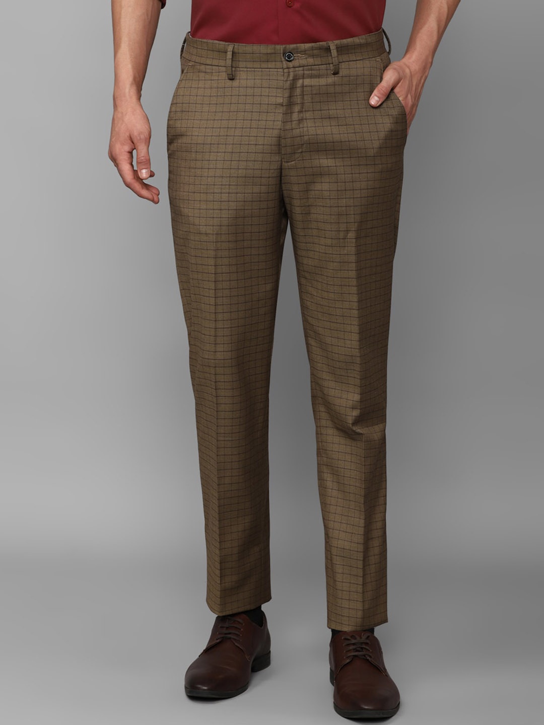 

Louis Philippe Men Checked Mid Rise Formal Trousers, Brown