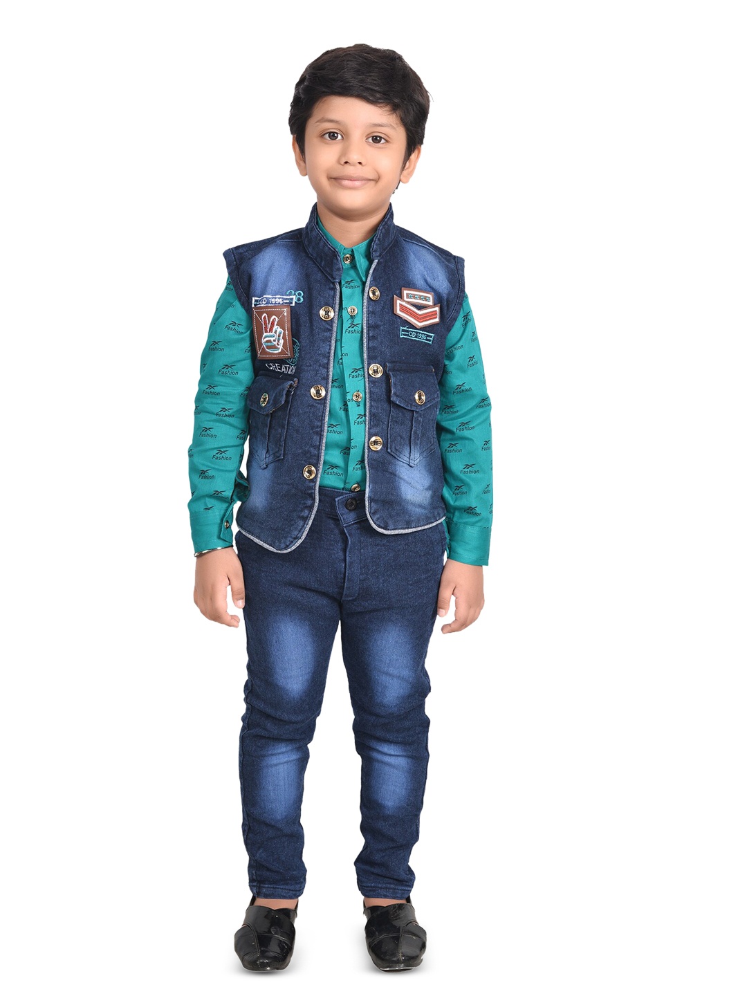

BAESD Boys Conversational Printed Shirt With Trousers & Waistcoat, Blue