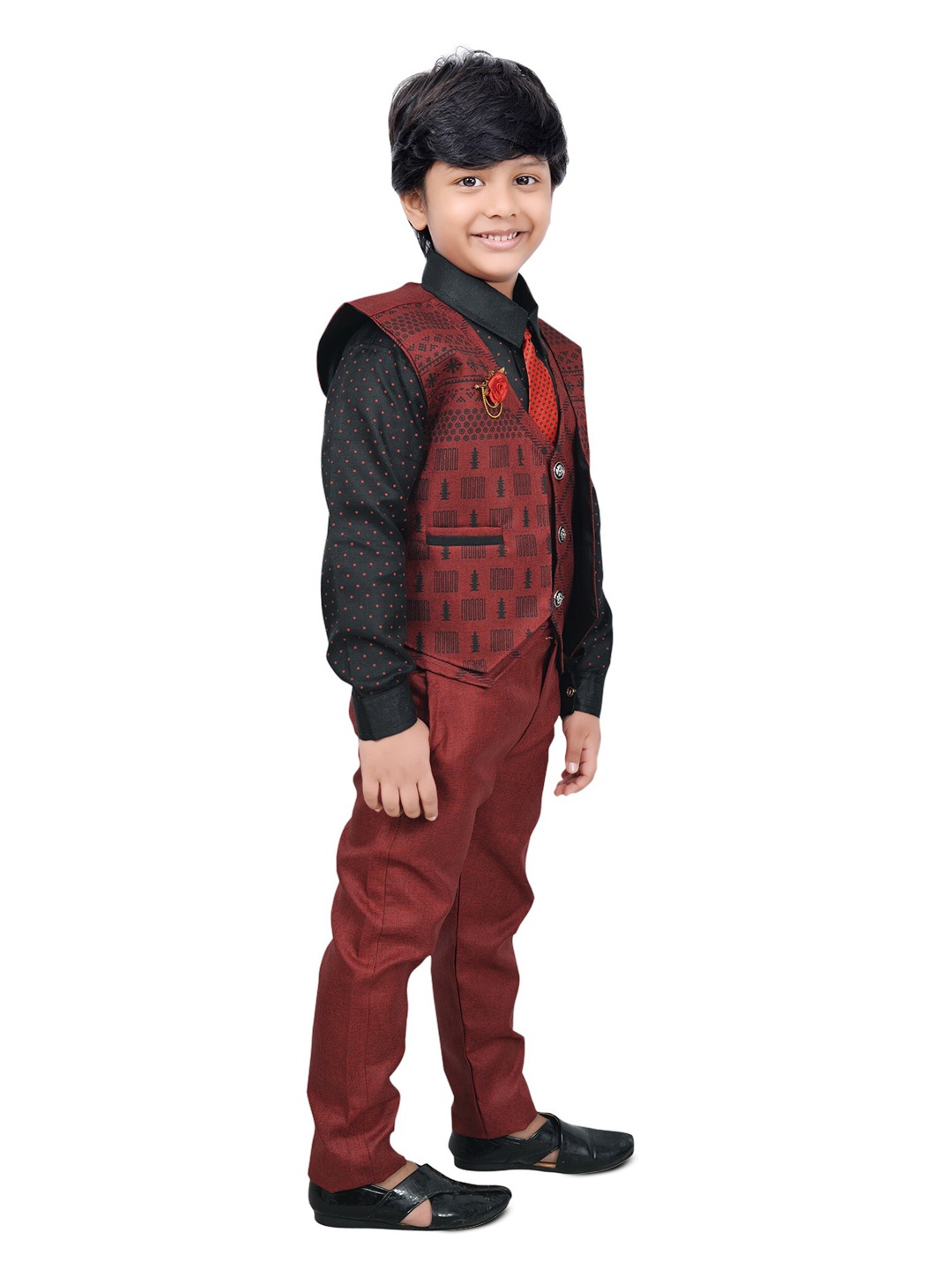 

BAESD Boys Polka Dot Printed Shirt With Trousers & With Waistcoat, Maroon