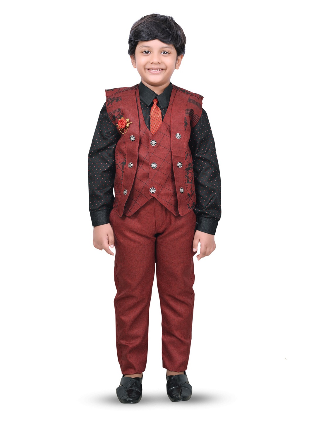 

BAESD Boys Printed Shirt with Trousers & Waistcoat, Maroon