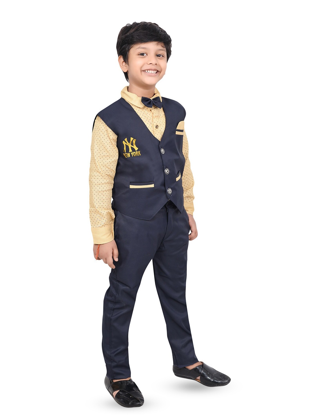 

BAESD Boys Printed Shirt With Trousers & With Waistcoat, Navy blue