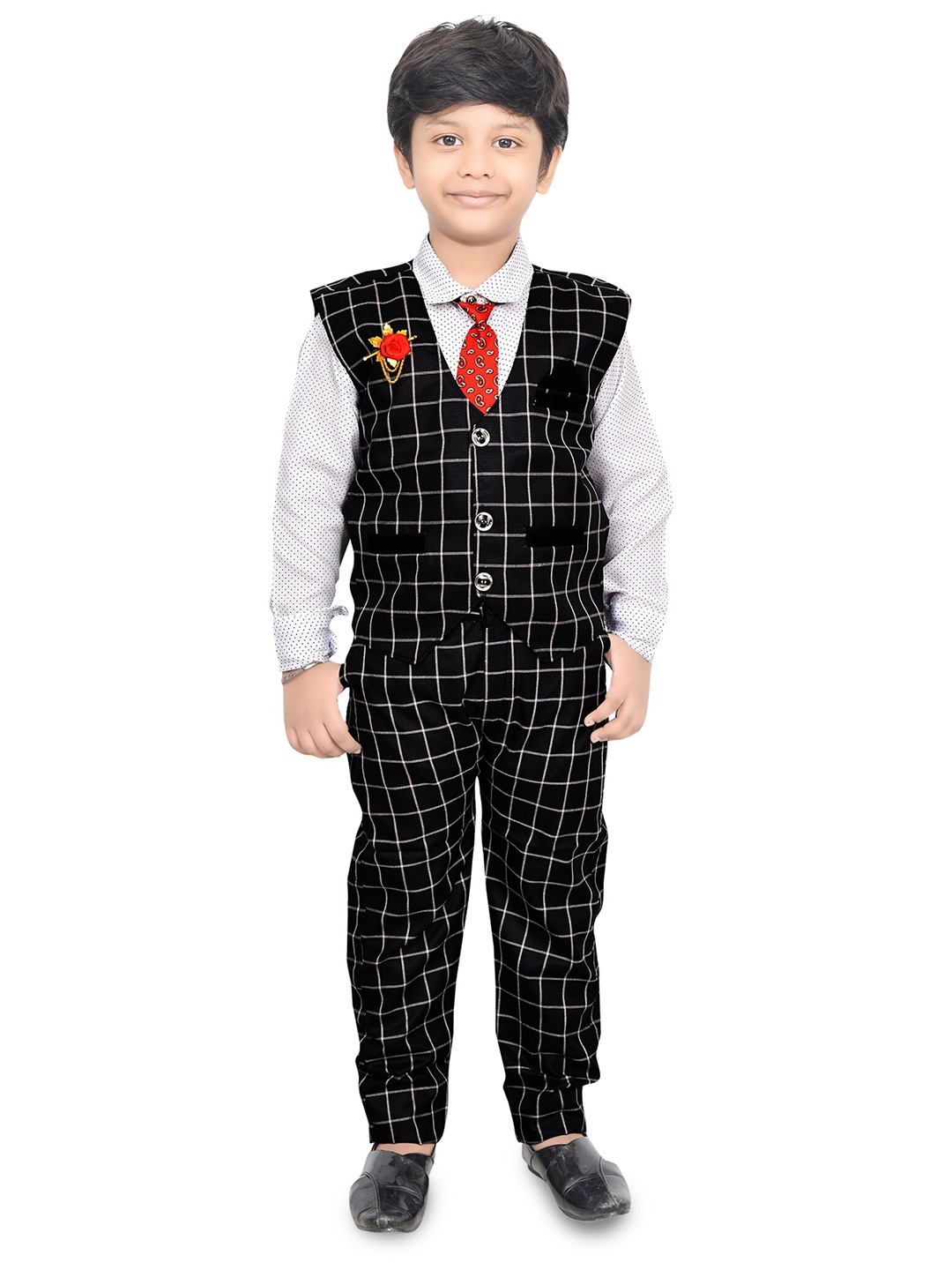 

BAESD Boys Checked Cotton Silk Shirt & Trousers with Waistcoat, Black