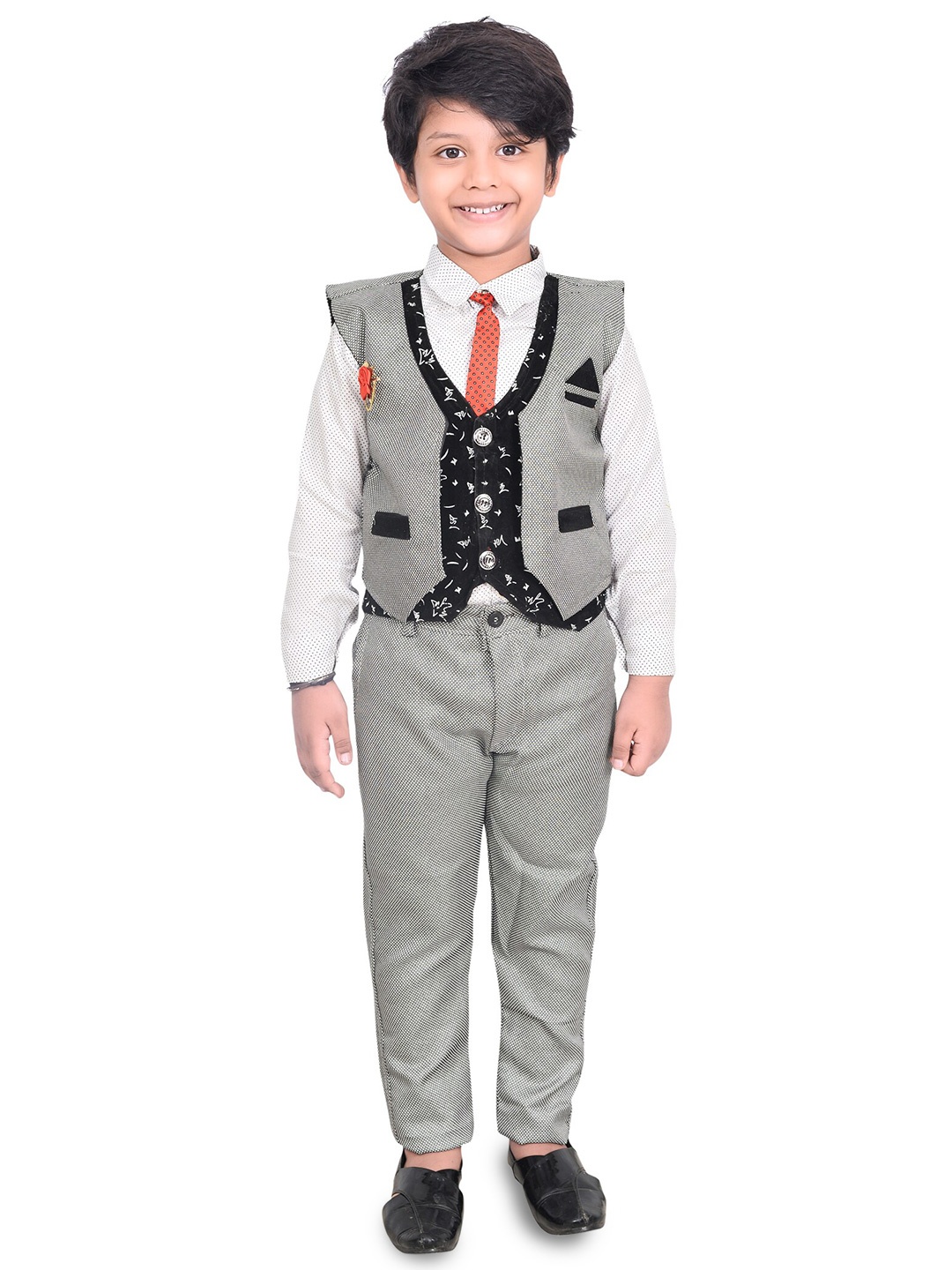 

BAESD Boys Self Design Shirt And Waistcoat With Pant, Grey