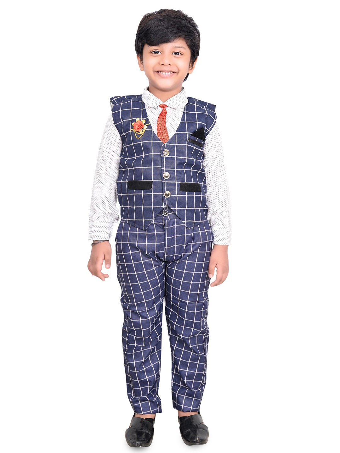 

BAESD Boys Checked Shirt With Trousers & Waistcoat, Navy blue