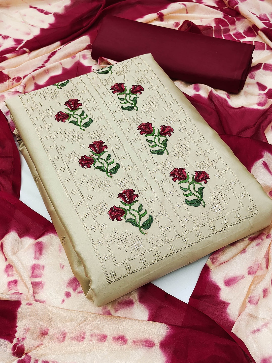 

KALINI Floral Embroidered Unstitched Dress Material, Beige